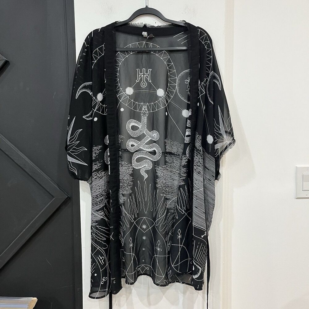 H&M Divided Black Celestial Sheer Kimono Wrap Witchy Occult Snake Size Small Tie